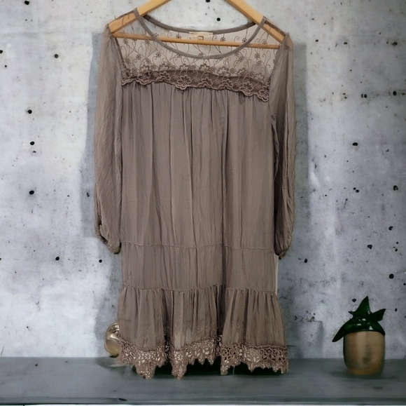 Prontomoda Giusy Hobo Toupe Silk And Lace Long Sleeve Mini Dress - Size Small - Picture 3 of 8